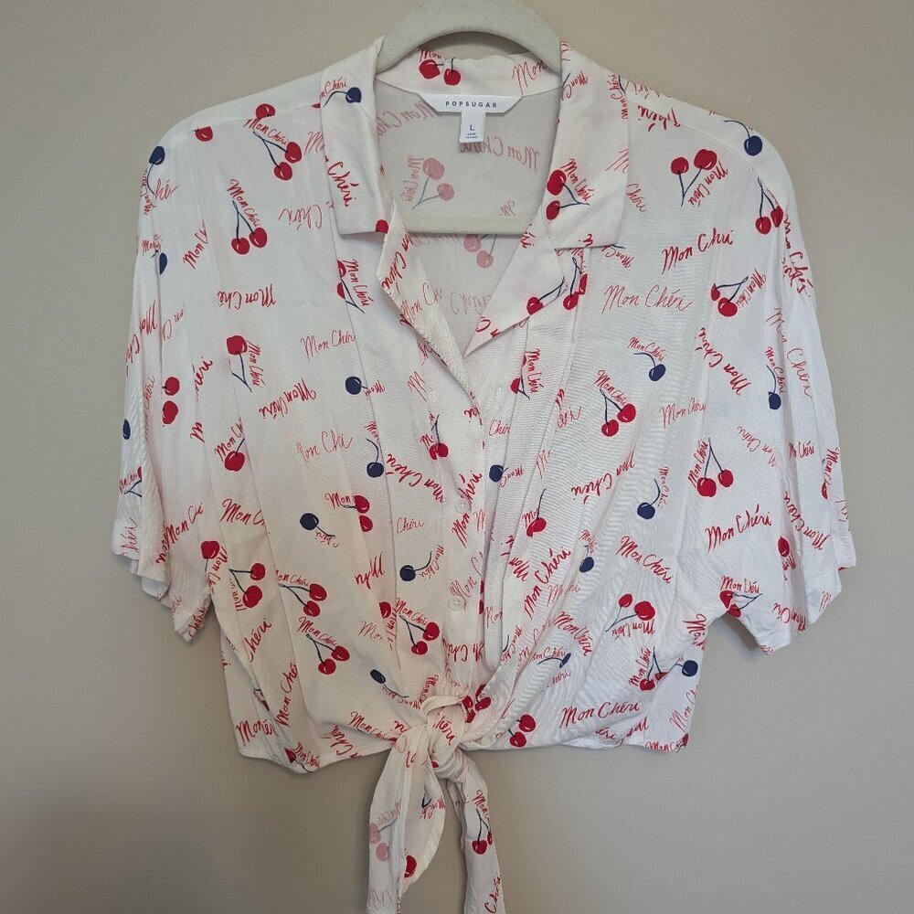 PopSugar Mon Cheri L tie front crop top button up camp shirt EUC red blue white